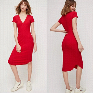 Aritzia Wilfred Free Corin Dress‎ Red Size XXS Short Sleeves V-Neck Midi Modal